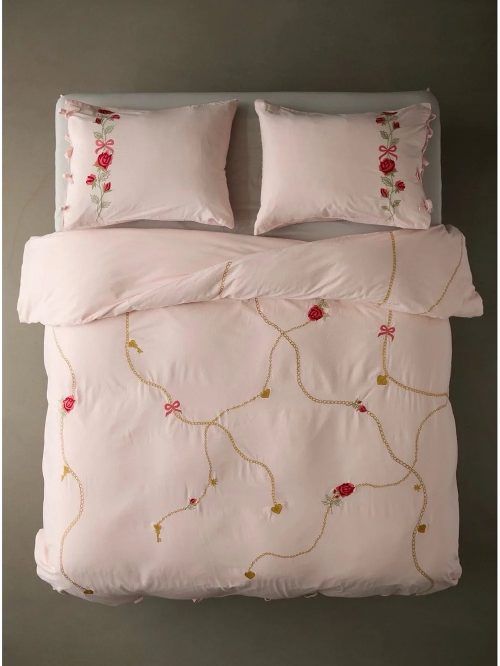 Soft Pink Floral Embroidered Duvet Cover